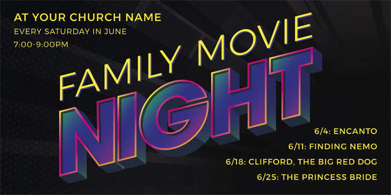Church Postcards, Summer - General, Family Movie Night Neon, 5.5 x 11